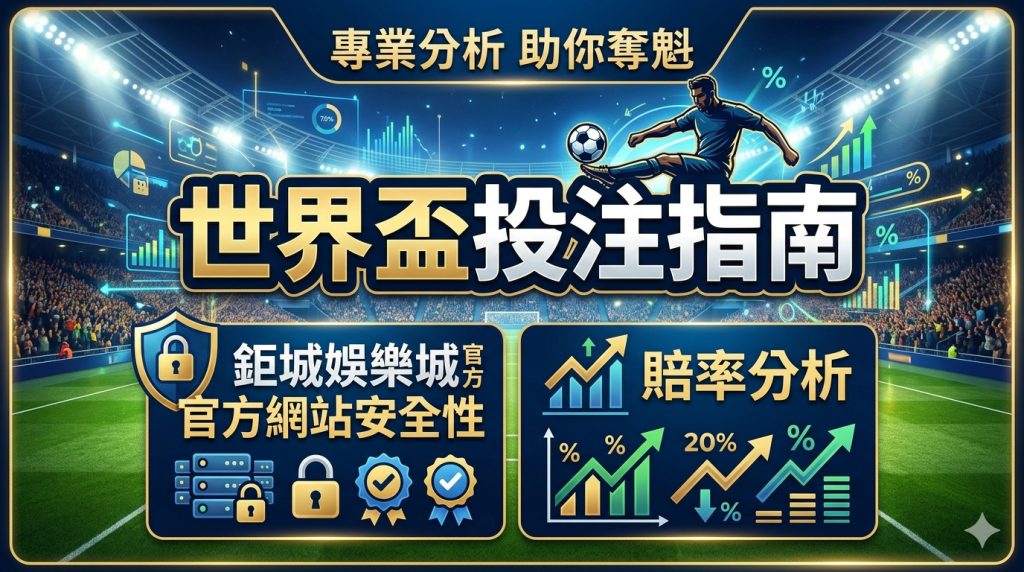 這張圖片以專業足球賽場為背景,透過盾牌與數據圖表直觀呈現「世界盃投注指南」主題。 設計結合了「鉅城娛樂城官方網站安全性」與「賠率分析」兩大核心區塊,視覺風格極具吸引力且專業。